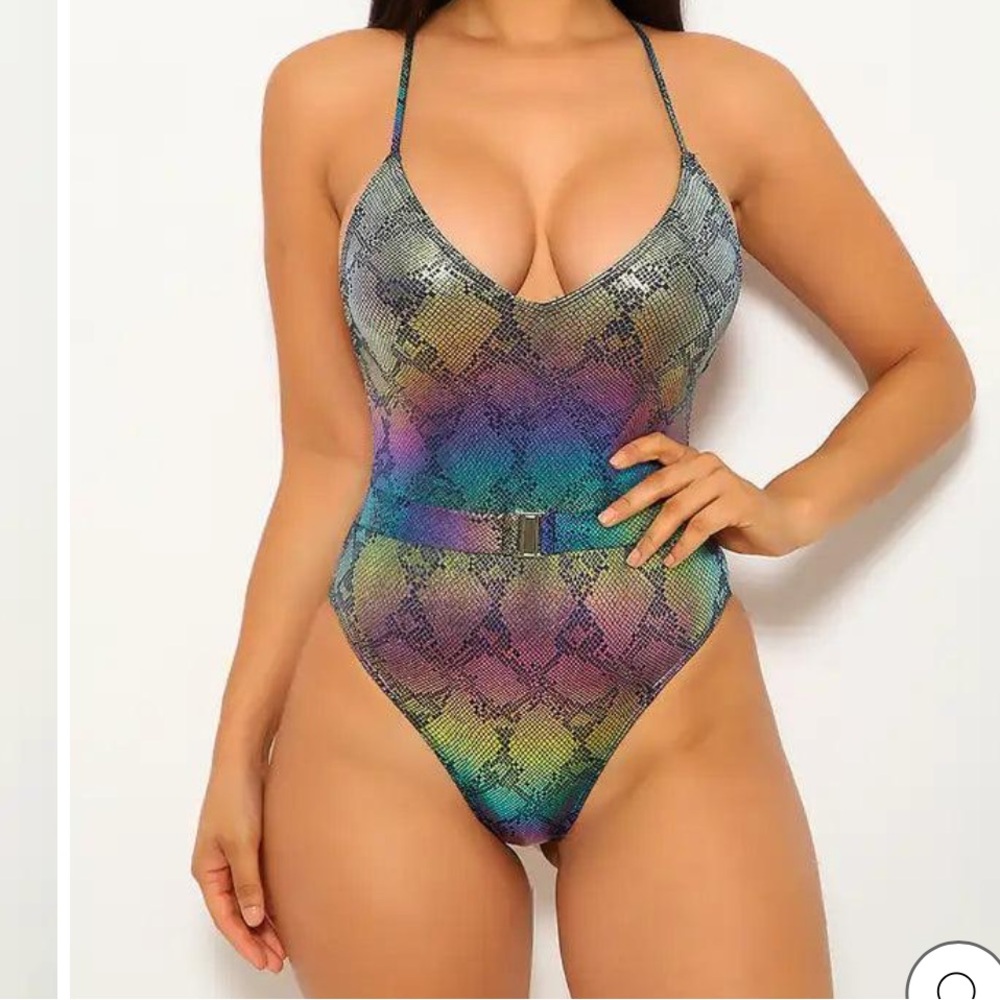 RAINBOW SNAKE PRINT STRAPPY SWIMSUIT